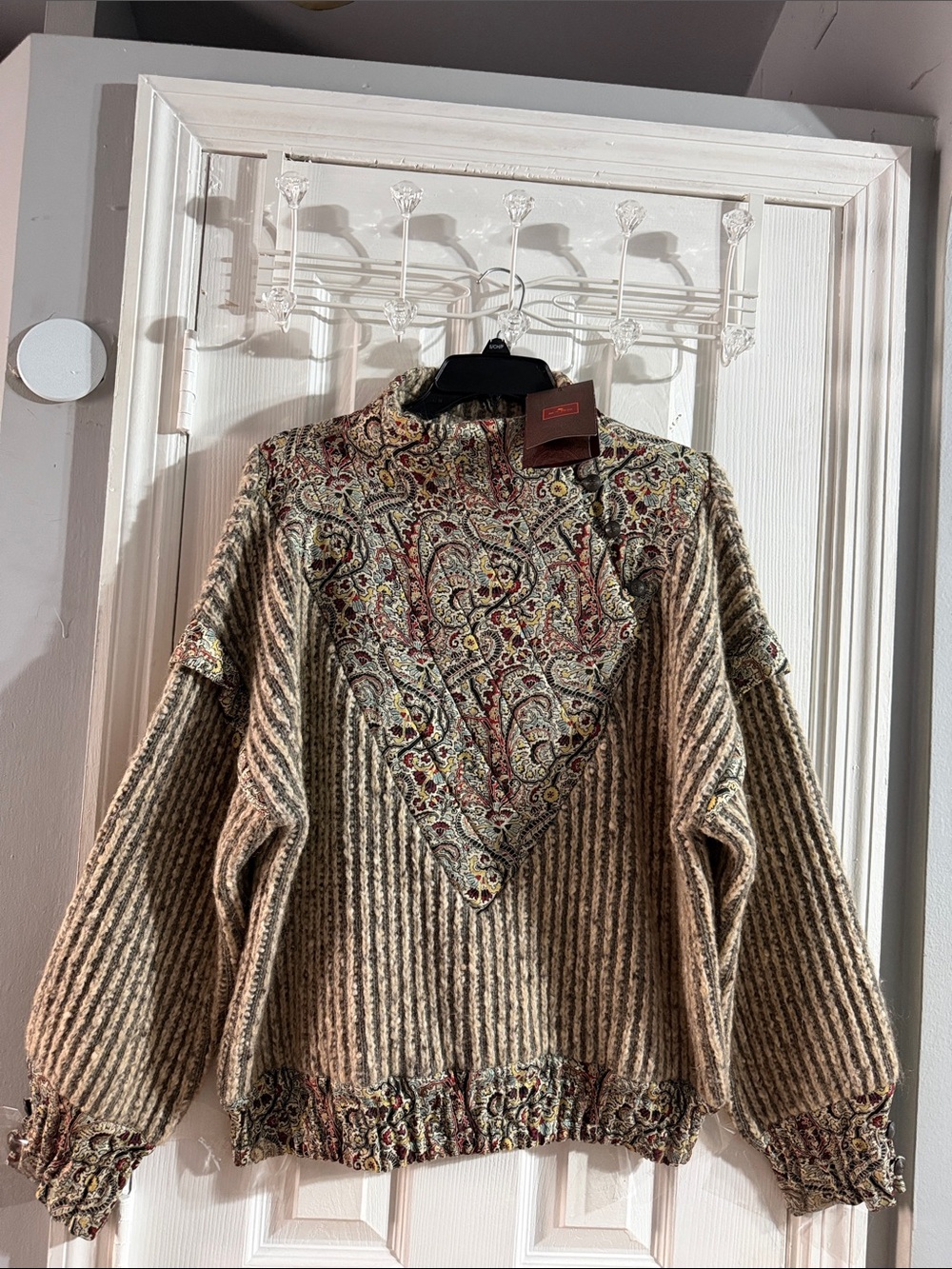 $2950 ETRO BNWT Paisley Panel Cream Ribbed Sweater